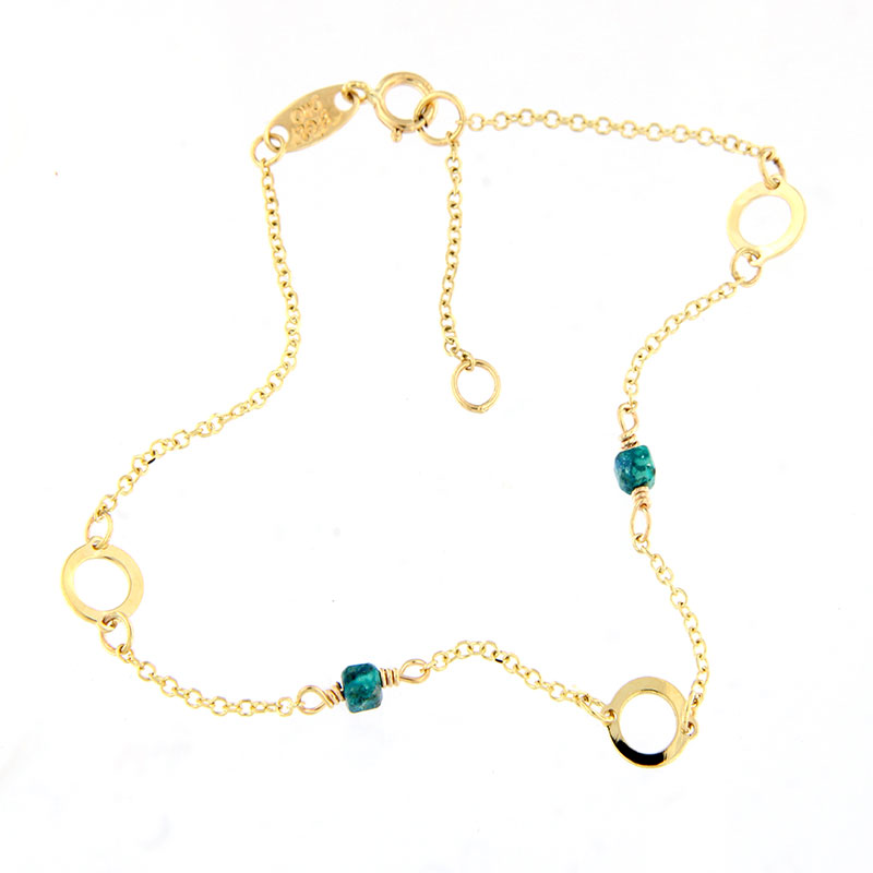 Γυναικείο Χρυσό Βραχιόλι Κ9 με Αλυσίδα & Στρογγυλά Στοιχεία με Πράσινο Φυσικό Μαλαχίτη.
