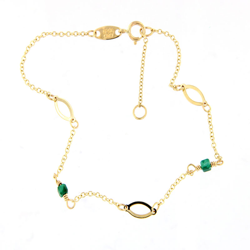 Γυναικείο Χρυσό Βραχιόλι Κ9 με Αλυσίδα & Ρόμβους με Πράσινο Φυσικό Μαλαχίτη.