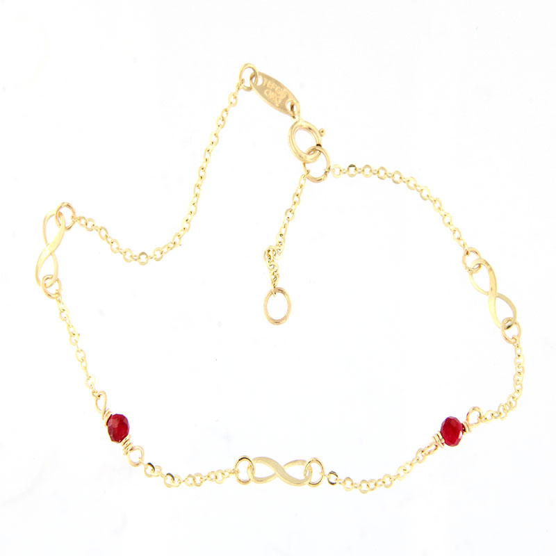 Γυναικείο Χρυσό Βραχιόλι Κ9 με Αλυσίδα & Στοιχεία Άπειρου με Φυσικό Κόκκινο Γρανάτη.