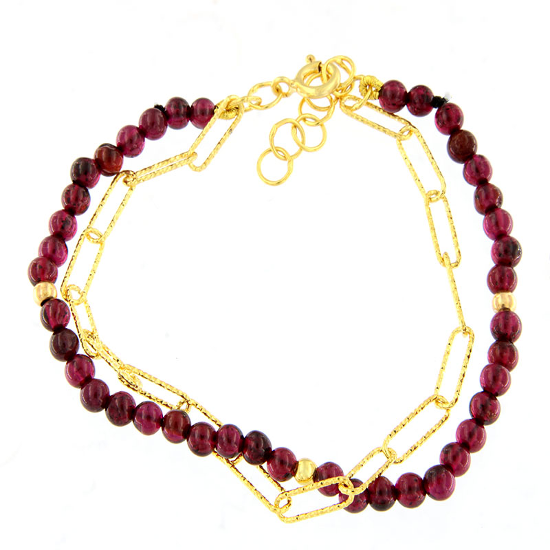 Γυναικείο Επιχρυσωμένο Βραχιόλι από Ασήμι 925° με Φυσικούς Γρανάτες & Αλυσίδα.