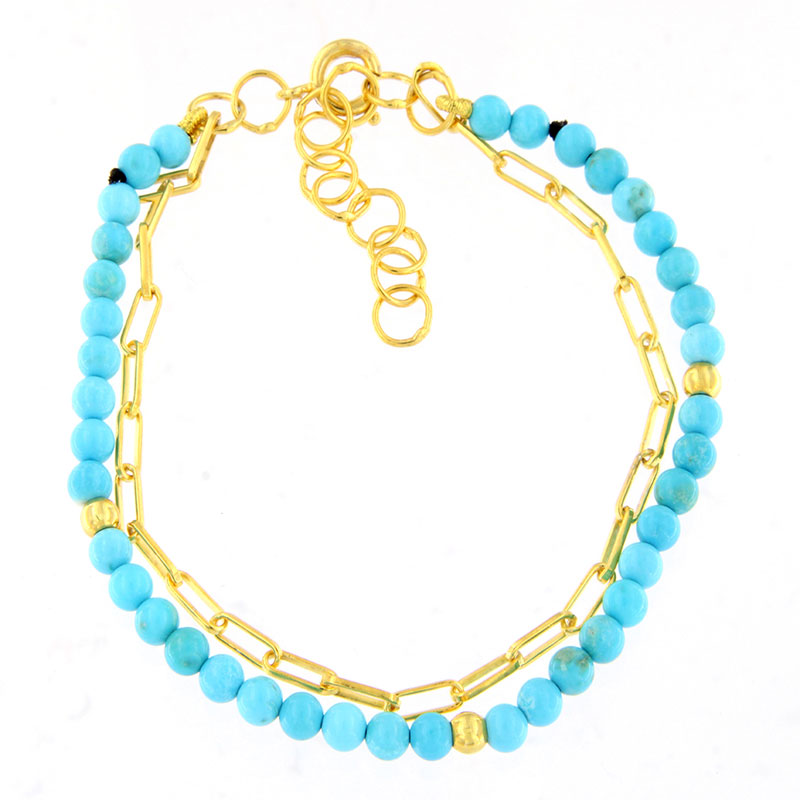 Γυναικείο Επιχρυσωμένο Βραχιόλι από Ασήμι 925° με Φυσικά Τιρκουάζ & Αλυσίδα.