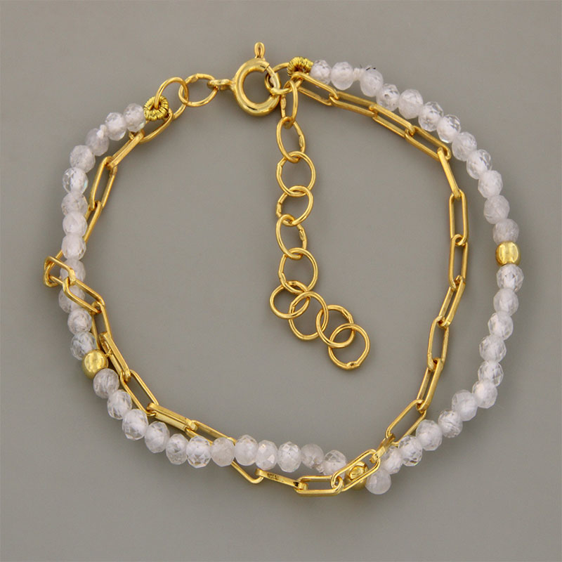 Γυναικείο Επιχρυσωμένο Βραχιόλι από Ασήμι 925° με Φυσικά Λευκά Ζιργκόν & Αλυσίδα.