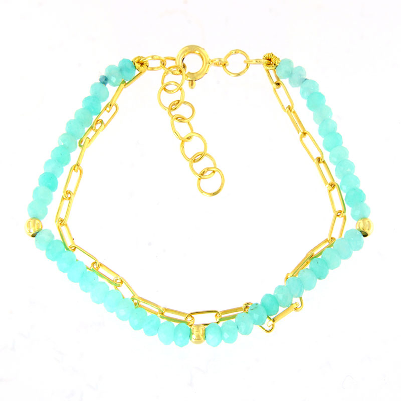 Γυναικείο Επιχρυσωμένο Βραχιόλι από Ασήμι 925° με Φυσικό Αμαζονίτη & Αλυσίδα.