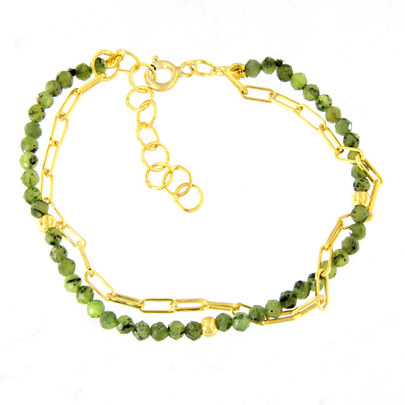 Γυναικείο Επιχρυσωμένο Βραχιόλι από Ασήμι 925° με Φυσικό Πράσινο Νεφρίτη & Αλυσίδα.
