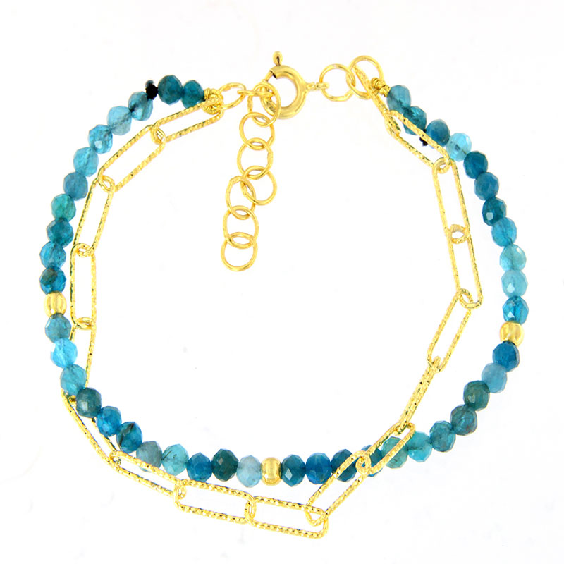 Γυναικείο Επιχρυσωμένο Βραχιόλι από Ασήμι 925° με Φυσικό Πράσινο Αμαζονίτη & Αλυσίδα.