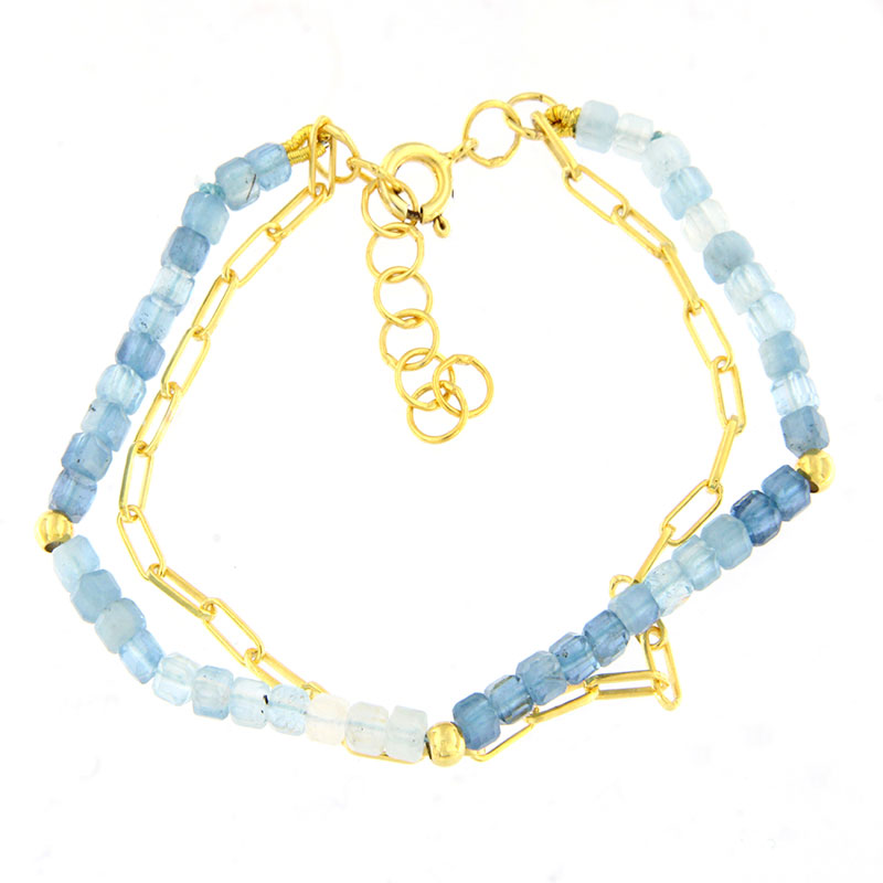 Γυναικείο Επιχρυσωμένο Βραχιόλι από Ασήμι 925° με Φυσικές Ακουαμαρίνες & Αλυσίδα.