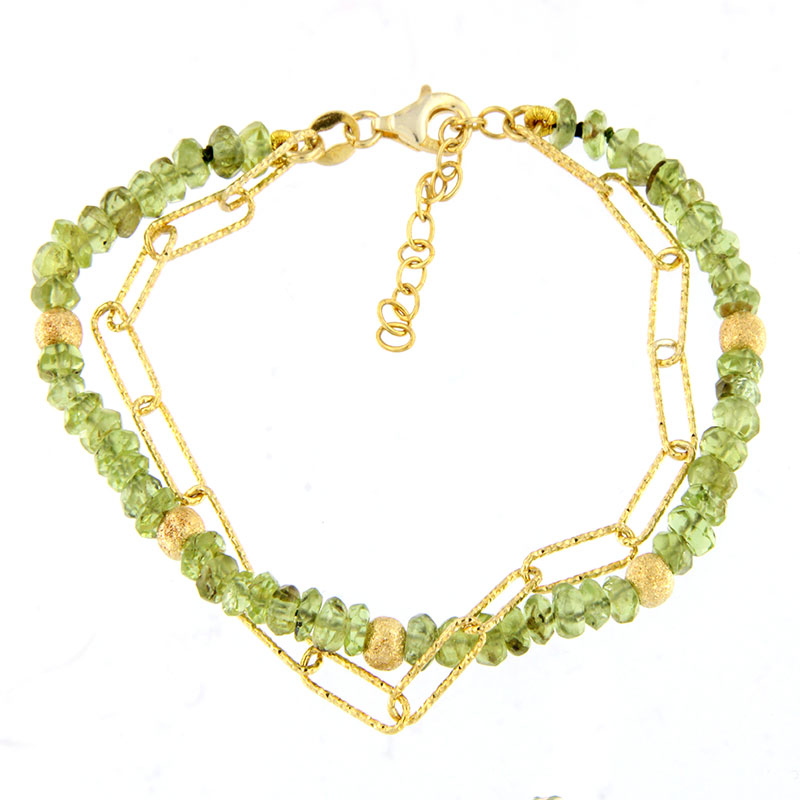 Γυναικείο Επιχρυσωμένο Βραχιόλι από Ασήμι 925° με Φυσικό Πράσινο Περίδοτο & Διαμανταρισμένη Αλυσίδα.