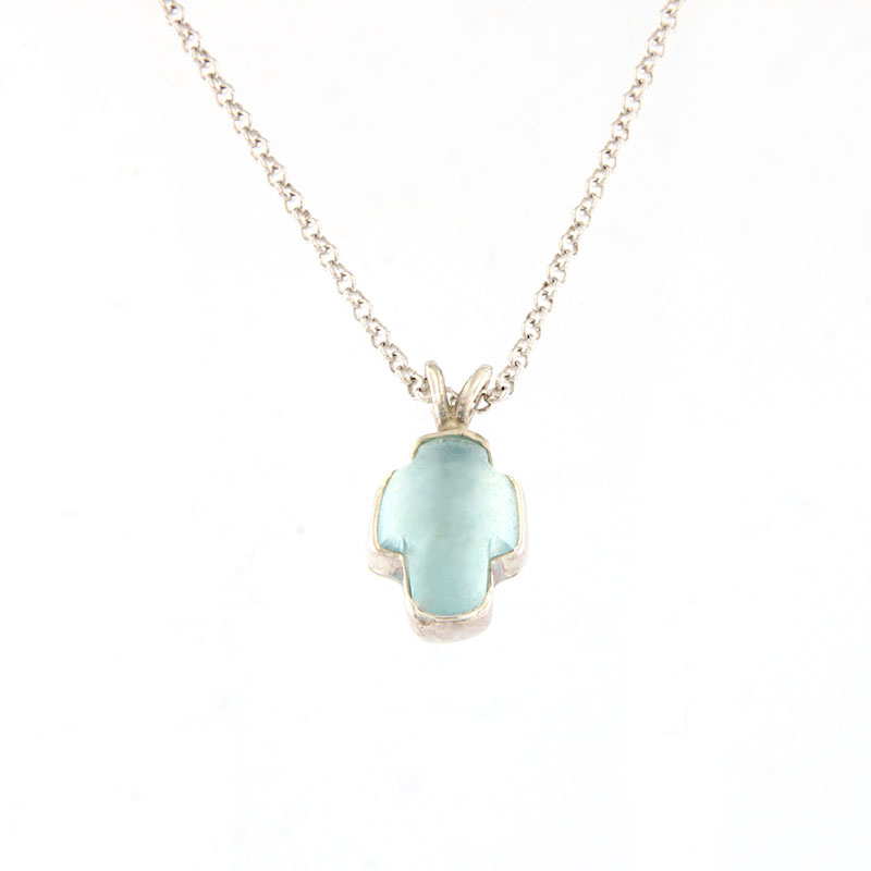 Γυναικείος Χειροποίητος Σταυρός από Ασήμι 925° με Αλυσίδα & Φυσική Ακουαμαρίνα.