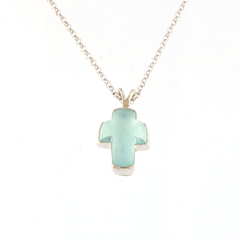 Γυναικείος Χειροποίητος Σταυρός από Ασήμι 925° με Αλυσίδα & Φυσική Ακουαμαρίνα.