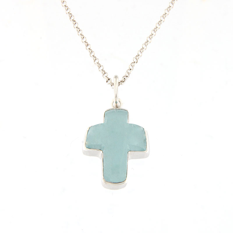 Γυναικείος Χειροποίητος Σταυρός από Ασήμι 925° με Αλυσίδα & Φυσική Ακουαμαρίνα.