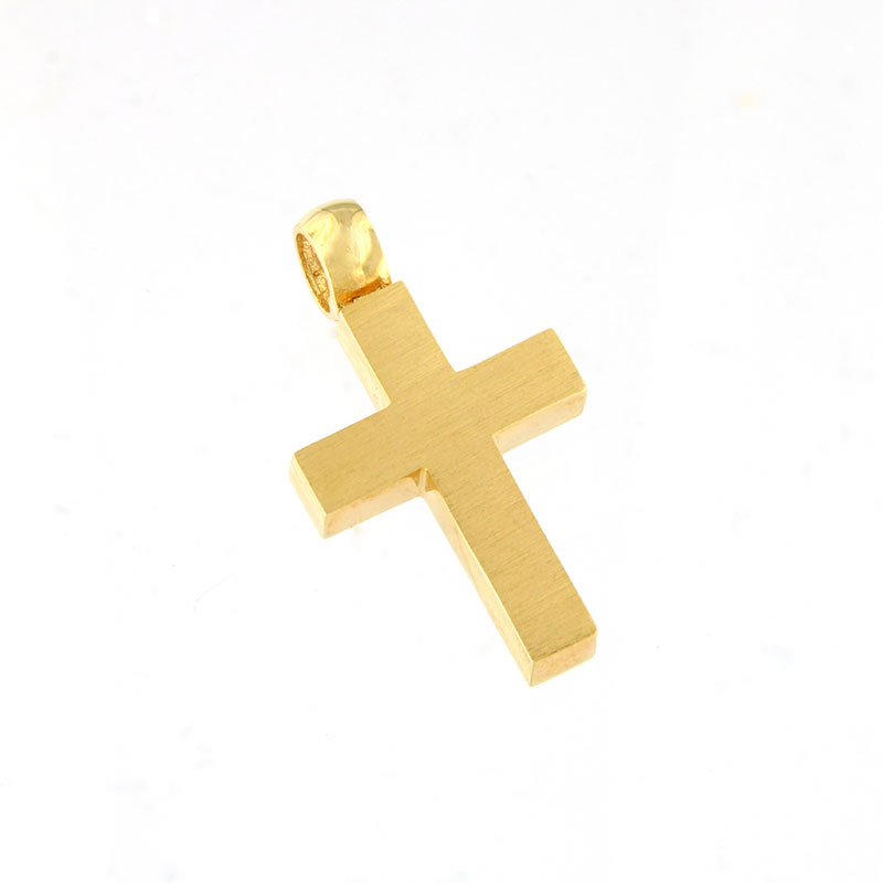 Χειροποίητος Βαπτιστικός Σταυρός Διπλής Όψεως για Αγόρι – Κίτρινος Χρυσός Κ14 με Ματ & Λουστρέ Επιφάνεια.