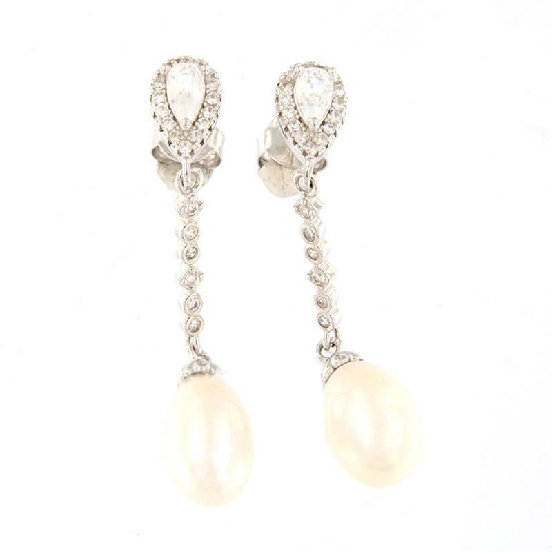 Κρεμαστά Σκουλαρίκια Από Ασήμι 925 Με Ζιργκόν Και Μαργαριτάρια.