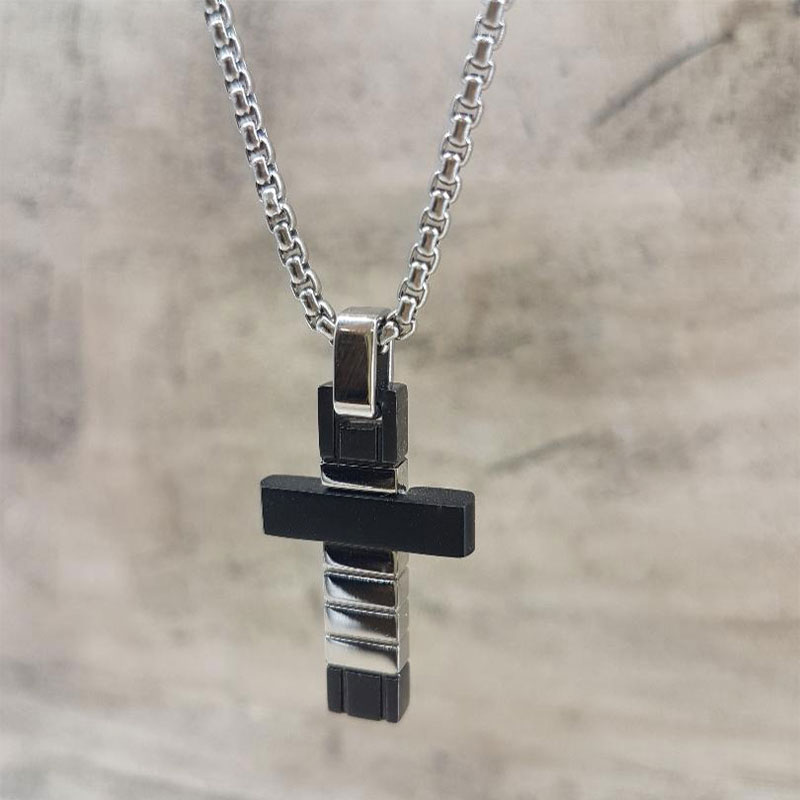 Ανδρικός Ατσάλινος Σταυρός με Ασημί και Μαύρη Πλατίνα.