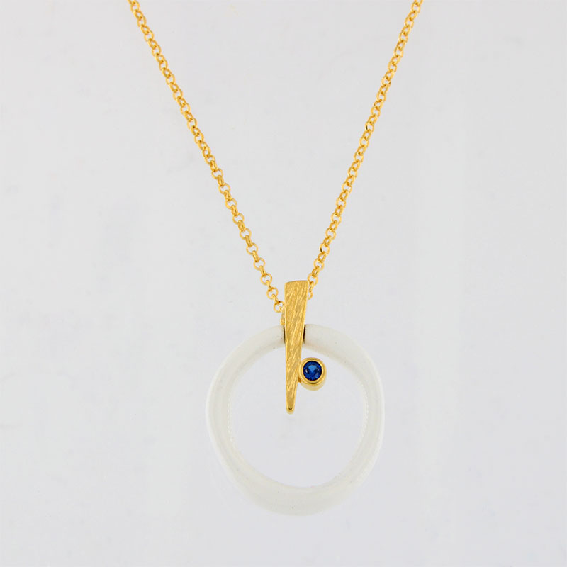 Γυναικείο Ασημένιο Επιχρυσωμένο Κολιέ 925 με Λευκό Σμάλτο και Μπλε Ζιργκόν.