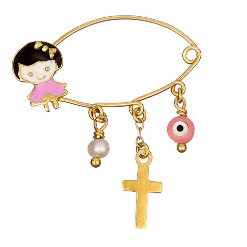 Παιδική Χρυσή Παραμάνα Κ14 για Κορίτσι με Κοριτσάκι, Σταυρό, Μάτι και Μαργαριτάρι.