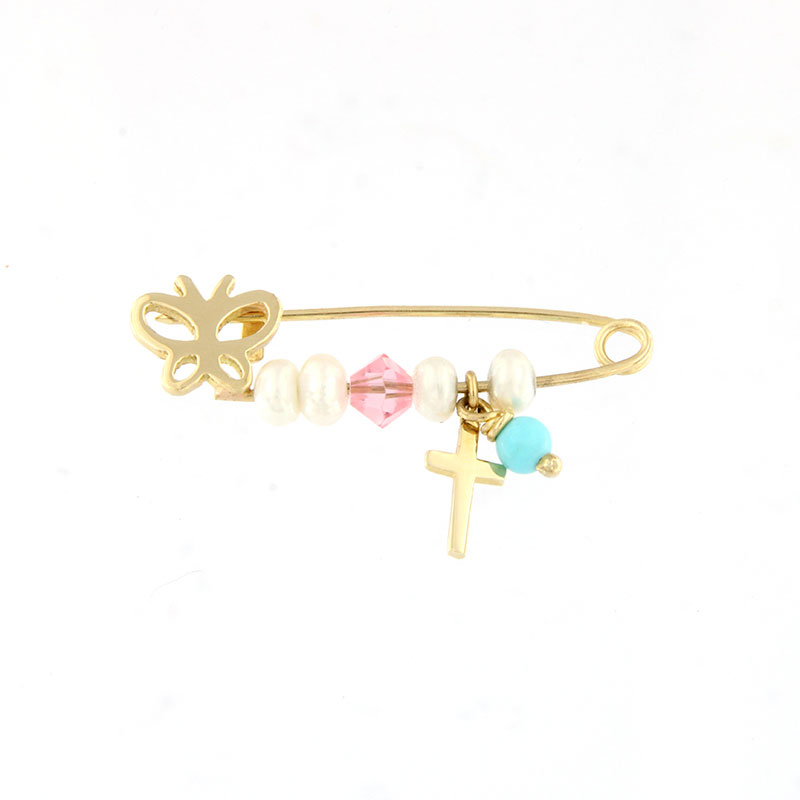 Παιδική Χρυσή Παραμάνα για Κορίτσι Κ14 με Πεταλούδα, Σταυρό και Φυσικές Πέτρες.