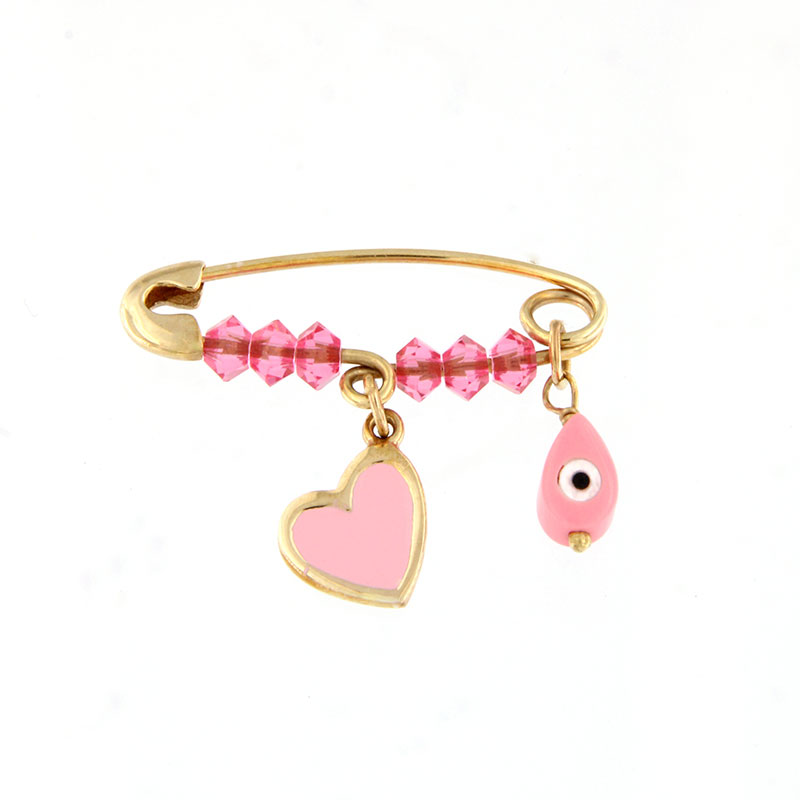 Παιδική Χρυσή Παραμάνα για Κορίτσι Κ9 με Καρδιά, Μάτι και Ροζ Κρύσταλλα Swarovski.
