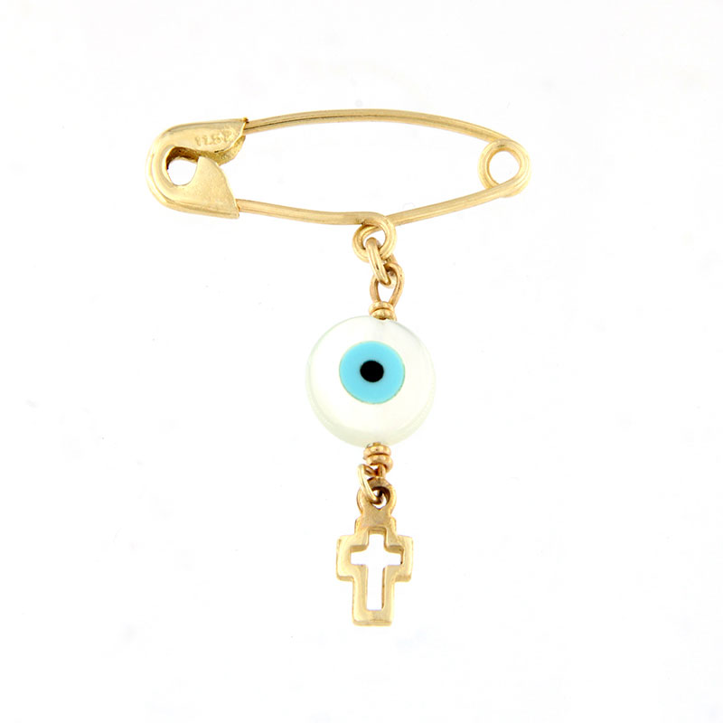 Παιδική Χρυσή Παραμάνα για Αγόρι & Κορίτσι Κ14 με Μάτι από Φίλντισι και Σταυρό.
