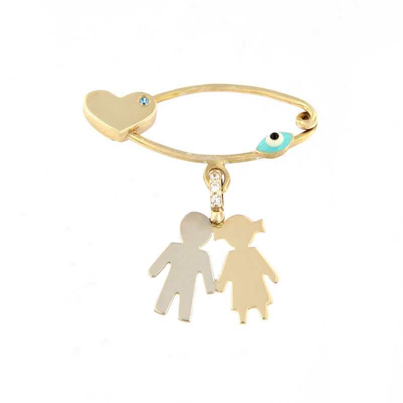 Παιδική Χρυσή Δίχρωμη Παραμάνα για Δίδυμα Κ9 με Καρδιά Swarovski και Ματάκι.