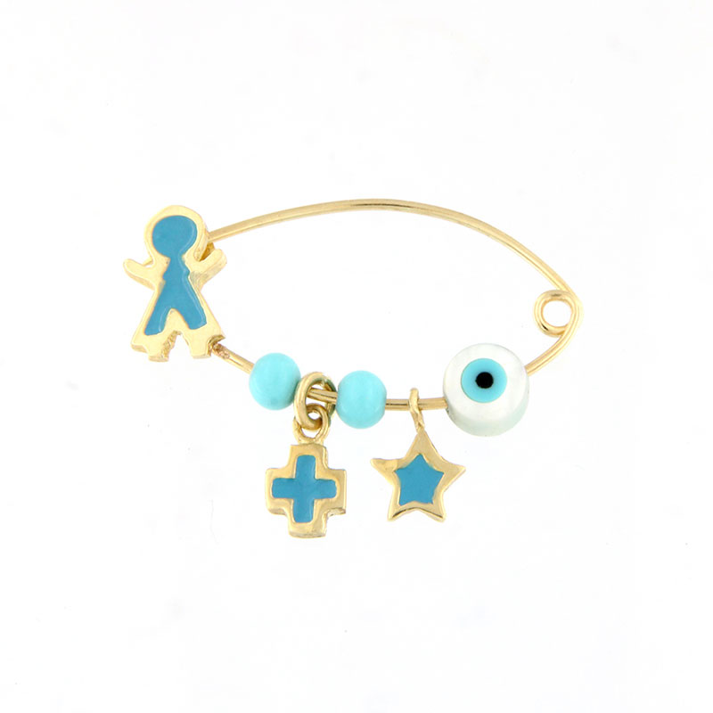 Παιδική Χρυσή Παραμάνα για Αγόρι Κ14 με Αγοράκι, Σταυρό, Αστεράκι, Τιρκουάζ και Μάτι από Φίλντισι.