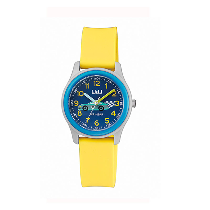 Παιδικό Ρολόι Χειρός Q&Q με Μπλε Καντράν και Κίτρινο Καουτσούκ Λουράκι.