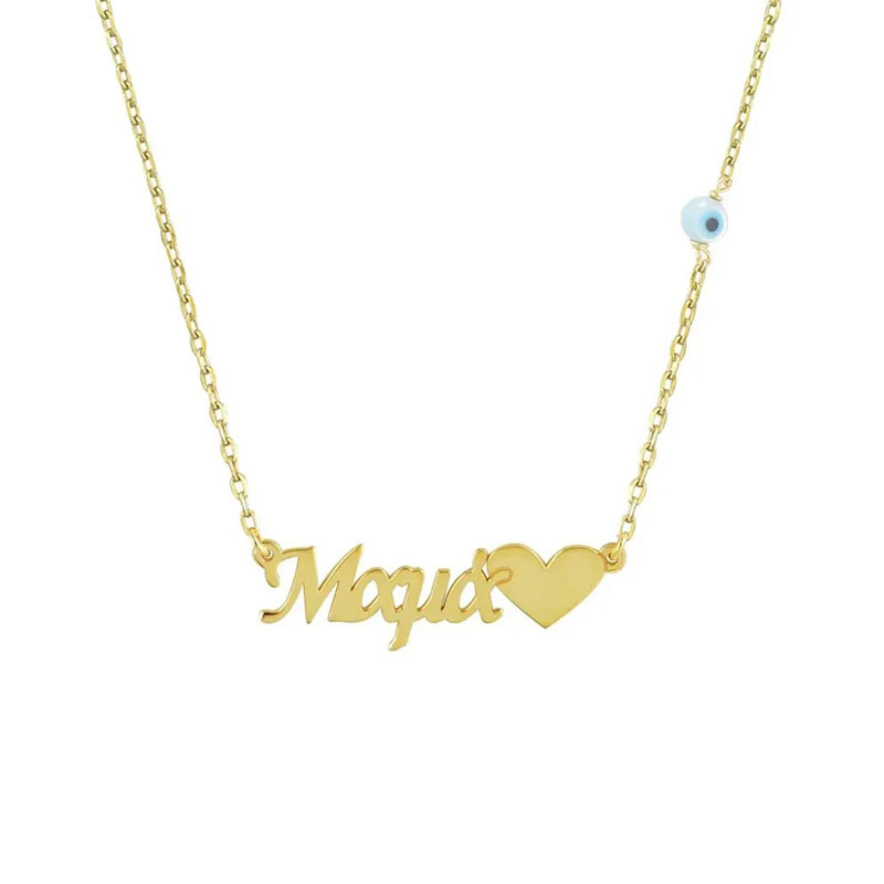 Women’s Gold-Plated Silver “Mom” Pendant with Heart, 925 Sterling Silver, Decorated with Evil Eye.