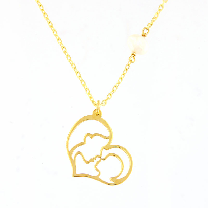 Γυναικείο Ασημένιο Επιχρυσωμένο Μενταγιόν “Μαμά με Μωράκι” με Αλυσίδα 925, Διακοσμημένο με Φυσικό Μαργαριτάρι.