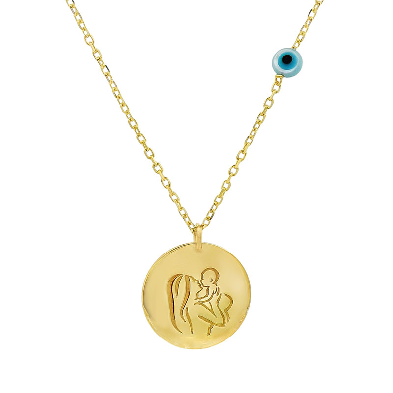 Γυναικείο Ασημένιο Επιχρυσωμένο Μενταγιόν “Μαμά με Μωράκι” με Αλυσίδα 925, Διακοσμημένο με Ματάκι.