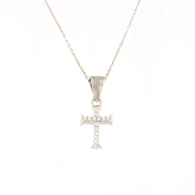Γυναικείος Ασημένιος Κρεμαστός Μικρός Σταυρός Με Αλυσίδα 925 Διακοσμημένος Με Λευκά Ζιργκόν.