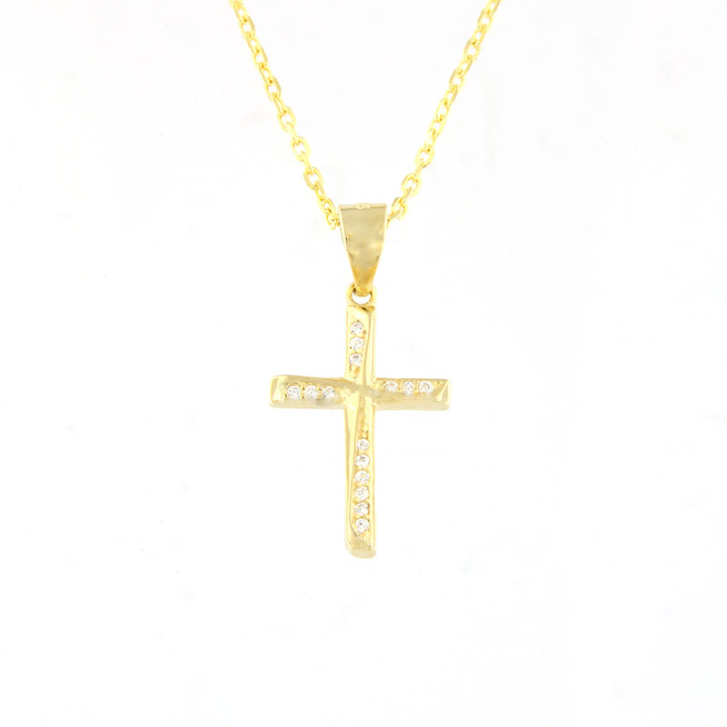 Γυναικείος Ασημένιος Επιχρυσωμένος Σταυρός Με Αλυσίδα 925 Και Λευκά Ζιργκόν.