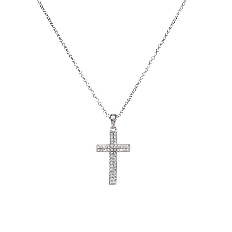 Γυναικείος Ασημένιος Σταυρός Με Αλυσίδα 925 Και Διπλή Σειρά Από Λευκά Ζιργκόν.