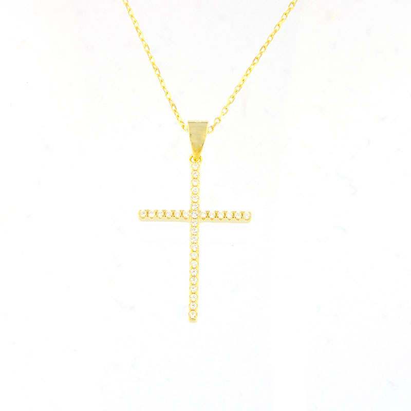 Γυναικείος Ασημένιος Επιχρυσωμένος Σταυρός Με Αλυσίδα 925 Και Λευκά Ζιργκόν.