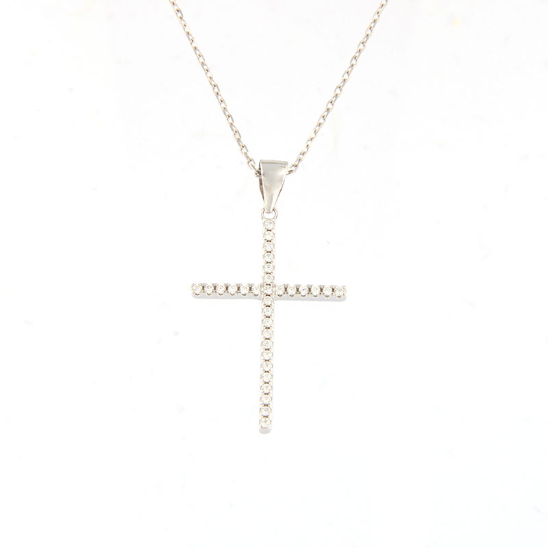 Γυναικείος Ασημένιος Σταυρός Με Αλυσίδα 925 Διακοσμημένος Με Λευκά Ζιργκόν.