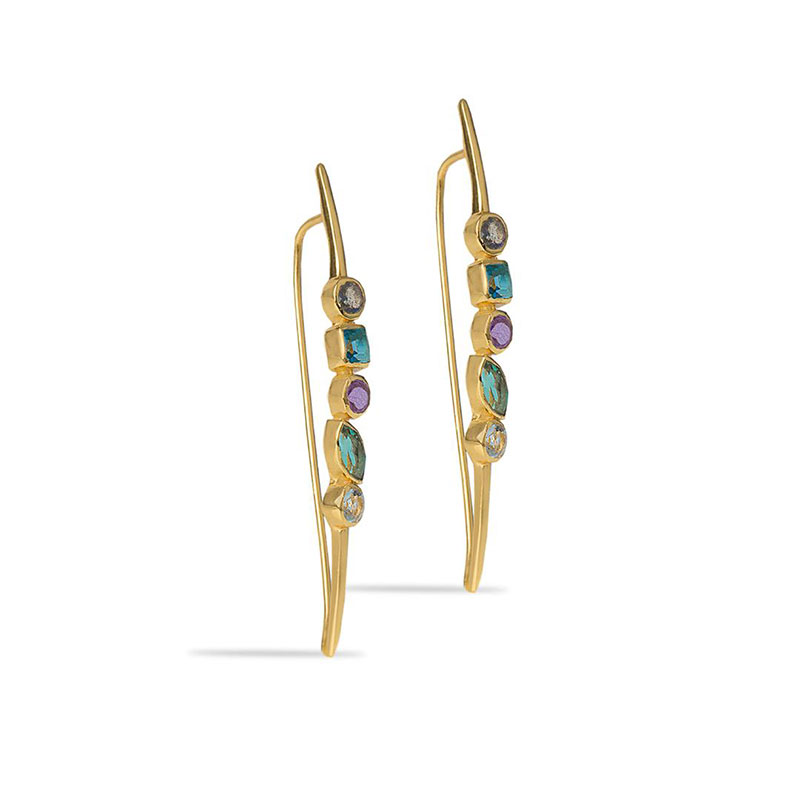 Γυναικεία Χειροποίητα Ασημένια Επιχρυσωμένα Σκουλαρίκια 925 με Φυσικούς Λαβραδορίτη, Ιολίτη, Αμέθυστο και Τοπάζι.