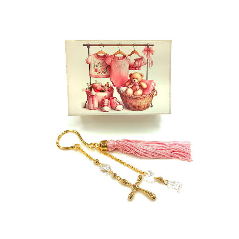 Διακοσμητικό Κρεμαστό Γούρι για Κορίτσι με Σταυρό & Λευκά Κρύσταλλα – Επιχρυσωμένο 24K.