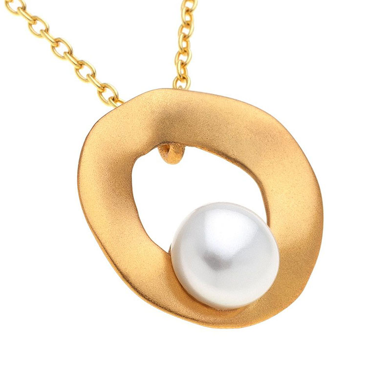 Γυναικείο Ασημένιο Επίχρυσο Κολιέ 925° με Ασύμμετρο Κύκλο και Μαργαριτάρι.