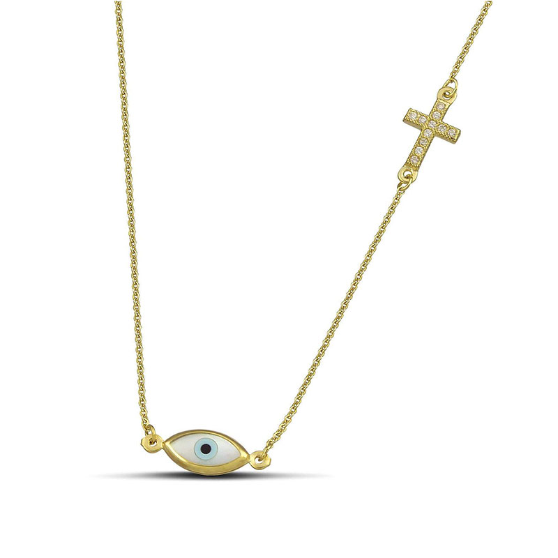 Γυναικείο χρυσό ματάκι με αλυσίδα και σταυρουδάκι Κ9.