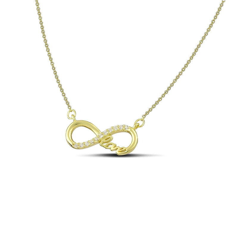 Γυναικείο χρυσό μενταγιόν Άπειρο με Love και αλυσίδα Κ9 διακοσμημένο με λευκά ζιργκόν.