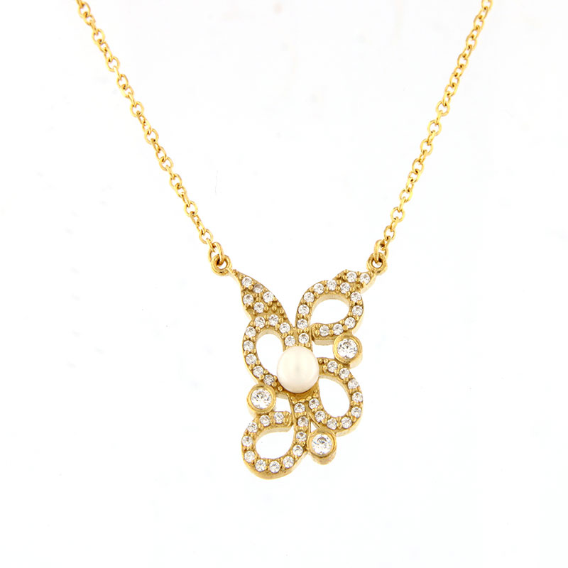 Γυναικείο Χρυσό Μενταγιόν με Αλυσίδα Κ9, Διακοσμημένο με Λευκά Ζιργκόν & Φυσικό Μαργαριτάρι.