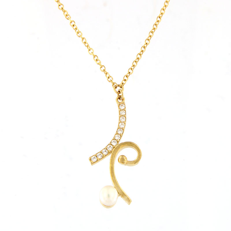 Γυναικείο Χρυσό Μενταγιόν με Αλυσίδα Κ9, Διακοσμημένο με Λευκά Ζιργκόν & Φυσικό Μαργαριτάρι.