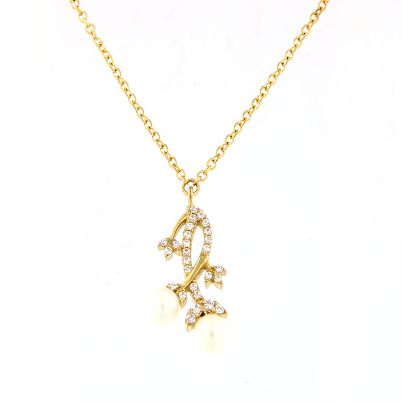 Γυναικείο Χρυσό Μενταγιόν με Αλυσίδα Κ9, Διακοσμημένο με Λευκά Ζιργκόν & Δύο Φυσικά Μαργαριτάρια.