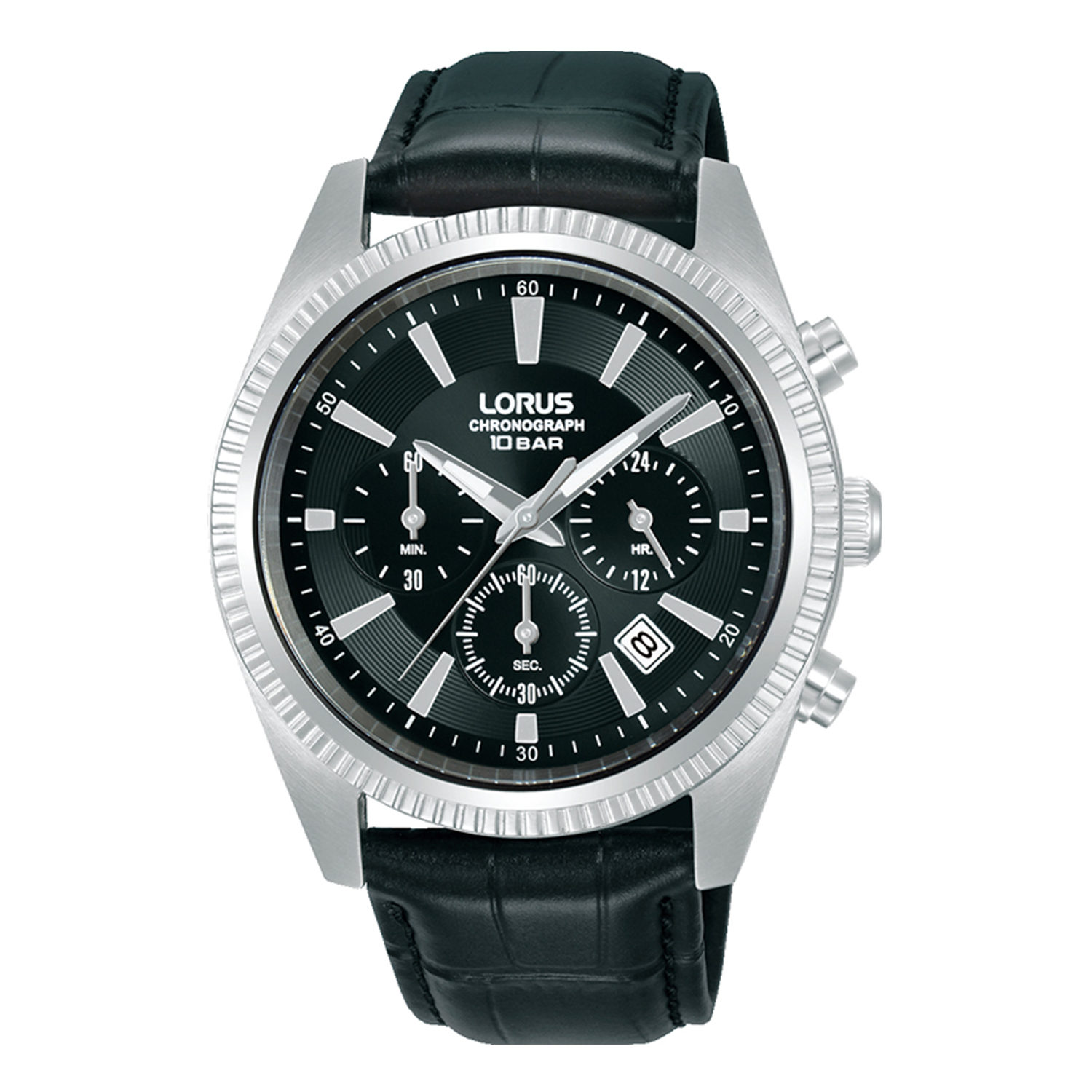 Ανδρικό Ρολόι LORUS Sports με Μαύρο Καντράν και Μαύρο Δερμάτινο Λουράκι.