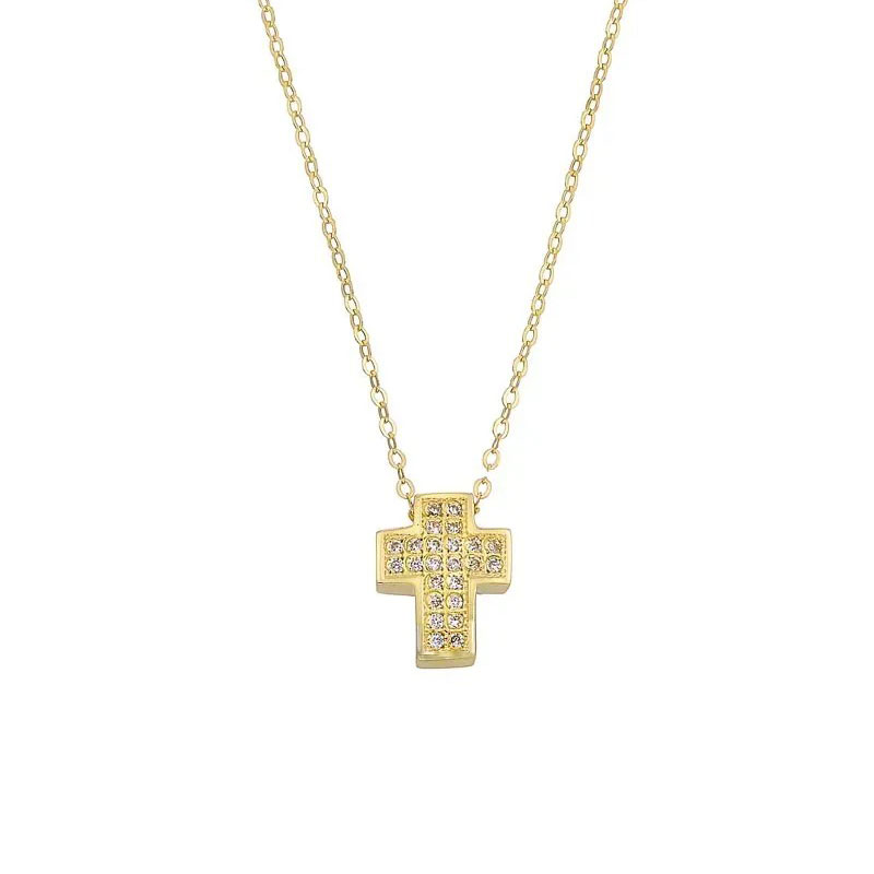 Women’s Gold Cross Necklace 14K with White Zircon.