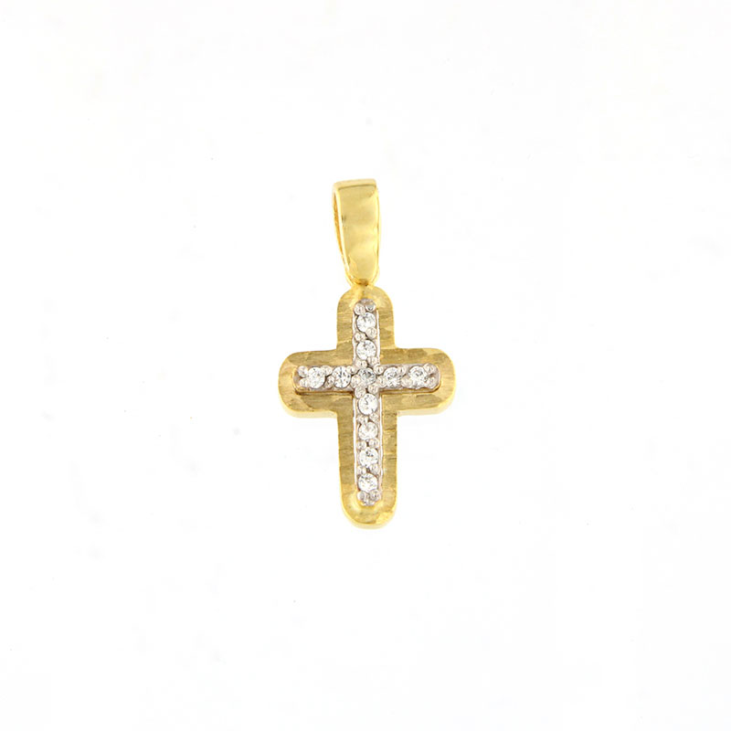 Γυναικείος Χειροποίητος Σταυρός από Κίτρινο Χρυσό Κ14 με Λευκά Ζιργκόν.