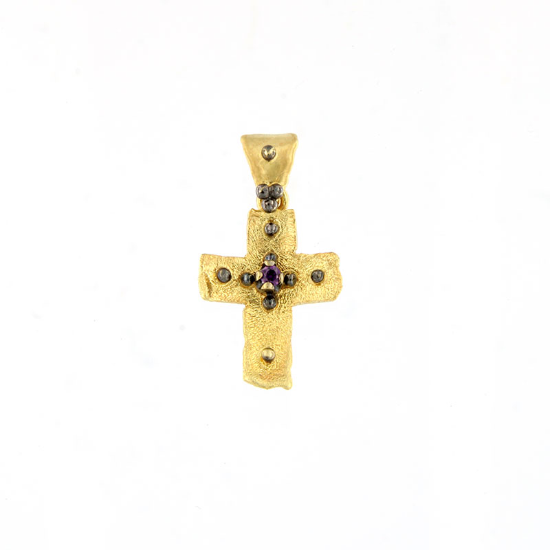 Γυναικείος Χειροποίητος Σταυρός από Κίτρινο Χρυσό & Μαύρη Πλατίνα Κ14 με Αμέθυστο.