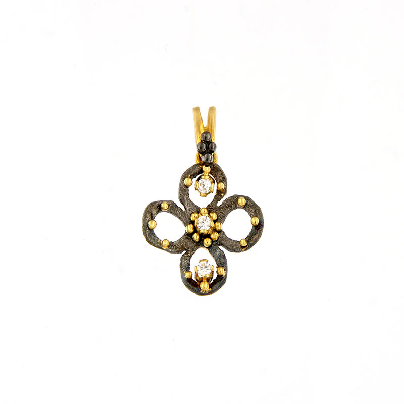 Γυναικείος Χειροποίητος Σταυρός από Κίτρινο Χρυσό & Μαύρη Πλατίνα Κ14 με Λευκά Ζιργκόν.