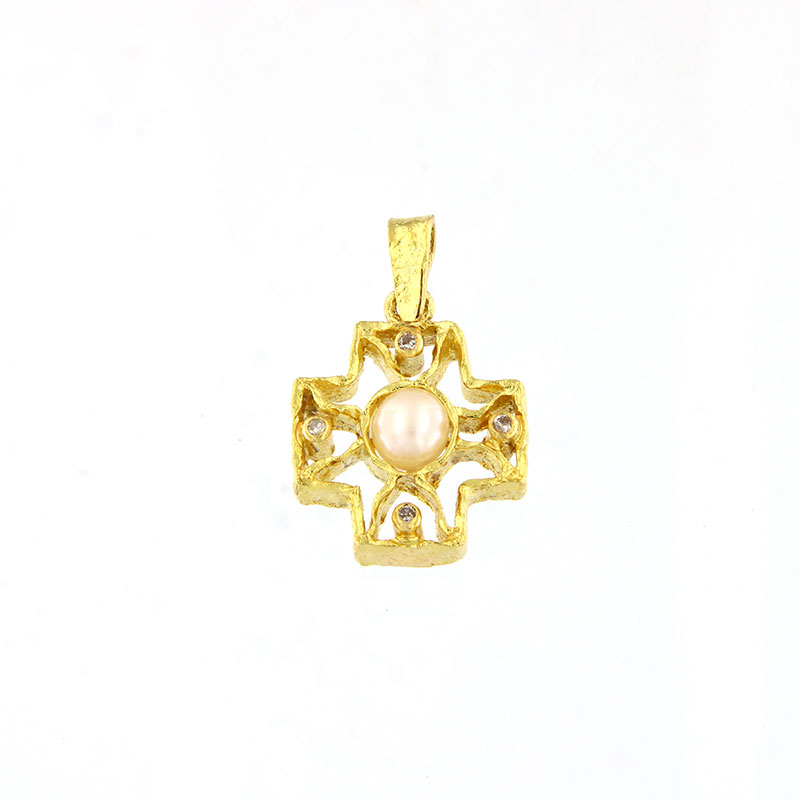 Γυναικείος Χειροποίητος Σταυρός Κ18 με Φυσικό Μαργαριτάρι & Λευκά Διαμάντια.
