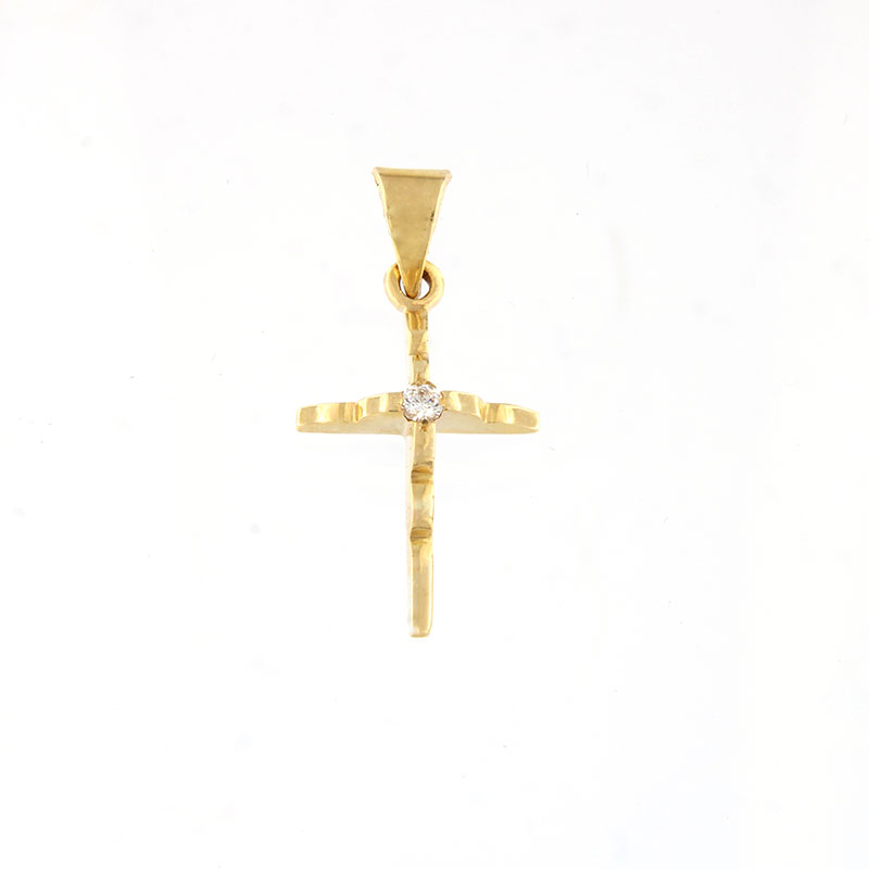 Γυναικείος Σταυρός από Κίτρινο Χρυσό Κ14 με Λευκό Ζιργκόν.