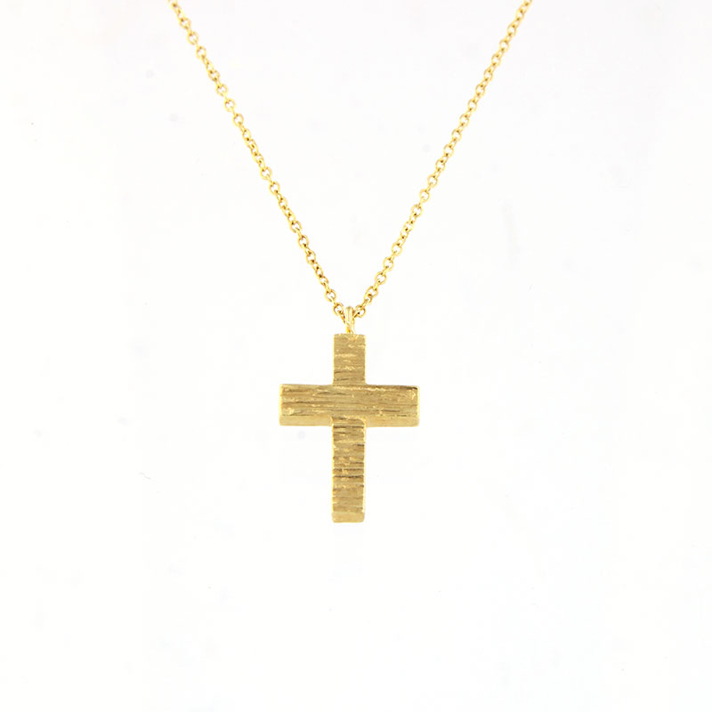 Γυναικείος Χειροποίητος Μικρός Σταυρός από Κίτρινο Χρυσό Κ14 με Αλυσίδα & Χαρακτική.