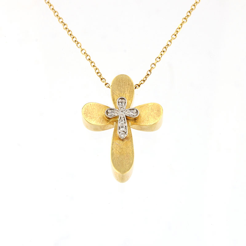 Γυναικείος Χειροποίητος Σταυρός Κ14 από Κίτρινο Χρυσό με Αλυσίδα, Διαμαντάρισμα, Λευκή Πλατίνα & Λευκά Ζιργκόν.